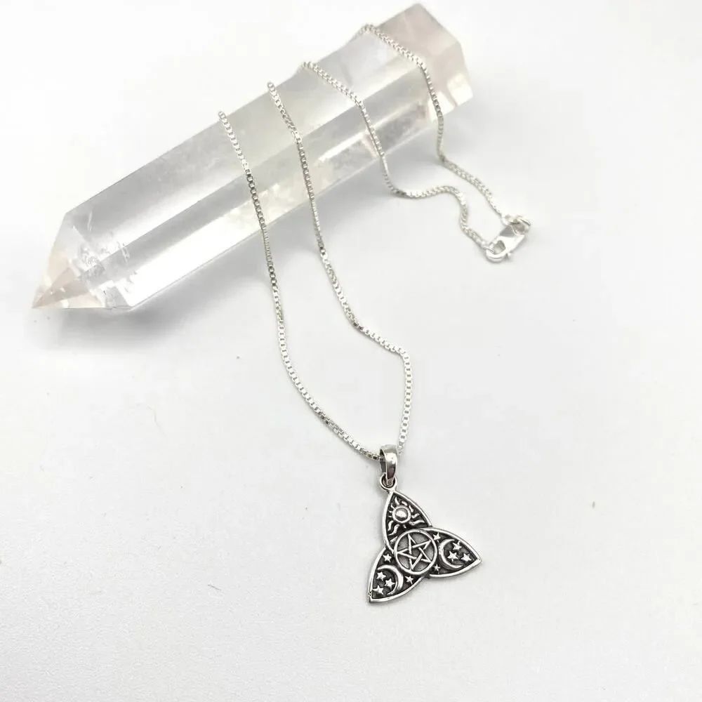 Sterling Silver Celtic Pentagram, Sun, Moon, & Stars Necklace Irish Trinity Knot